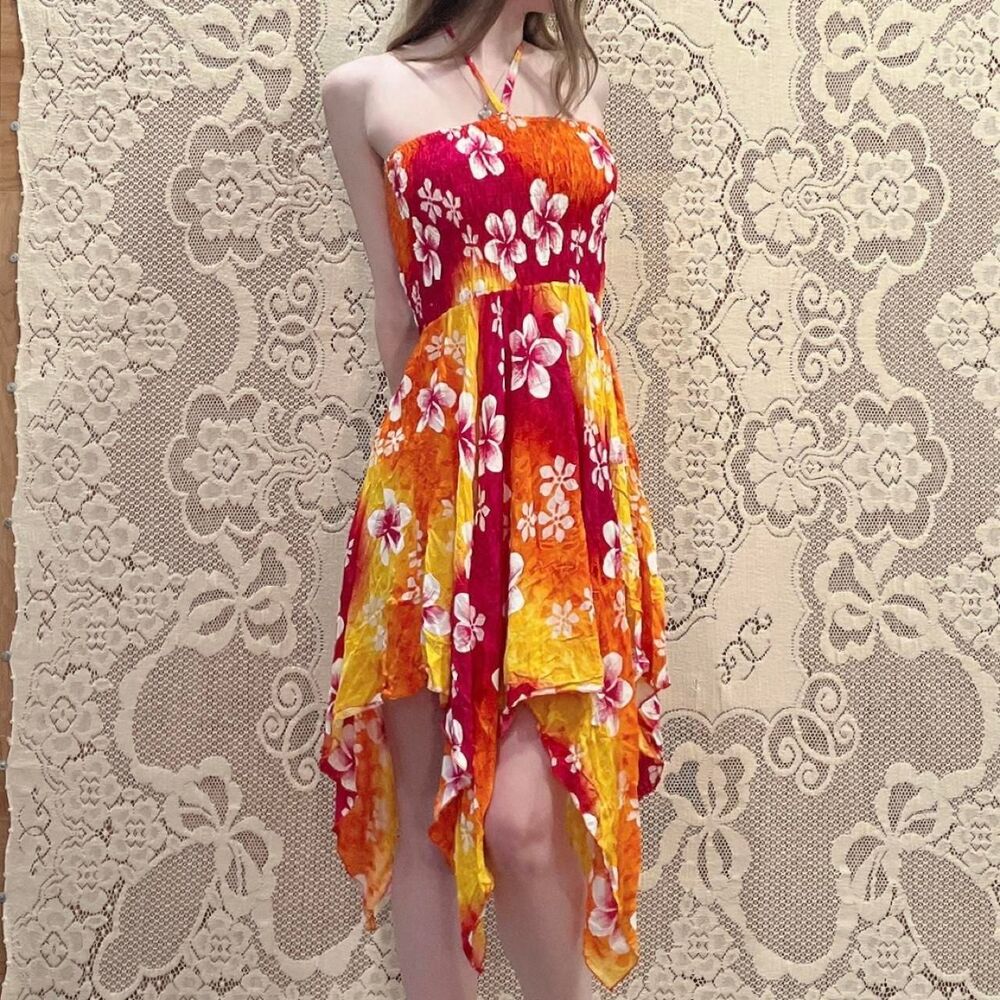 Y2K Tropical Floral Hawaiian Orange & Red 100% Rayon Halter Neck Butterfly Dress